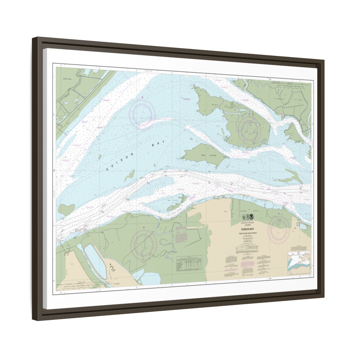 Chart 18658 SUISUN BAY-Roe Island and vicinity - NOAA Nautical Chart Floating Frame Canvas | 32" x 24" | 40" x 30" - Espresso side