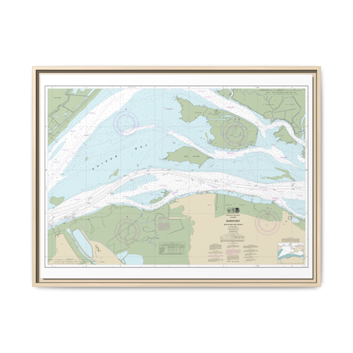 Chart 18658 SUISUN BAY-Roe Island and vicinity - NOAA Nautical Chart Floating Frame Canvas | 32" x 24" | 40" x 30" - Natural front