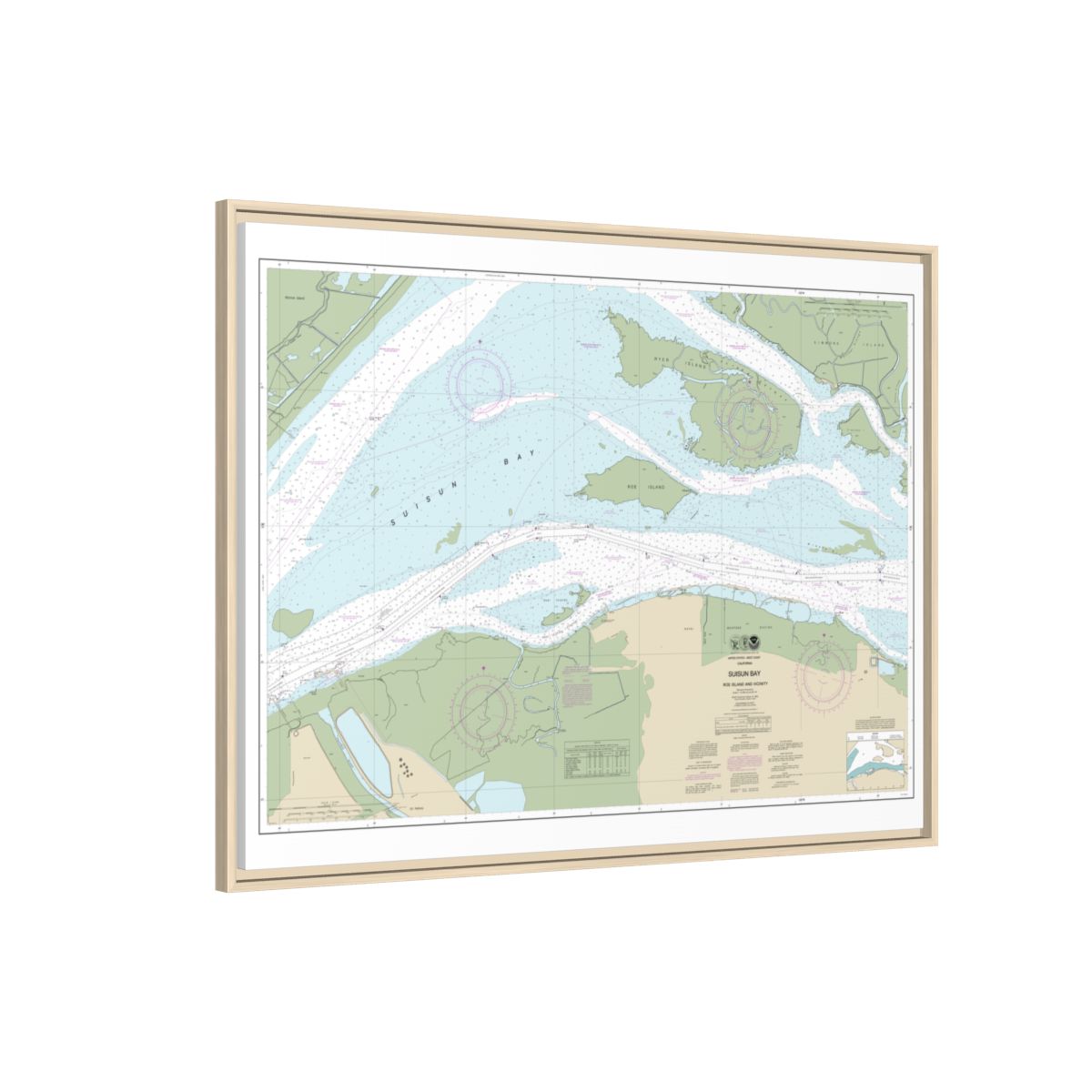 Chart 18658 SUISUN BAY-Roe Island and vicinity - NOAA Nautical Chart Floating Frame Canvas | 32" x 24" | 40" x 30" - Natural side