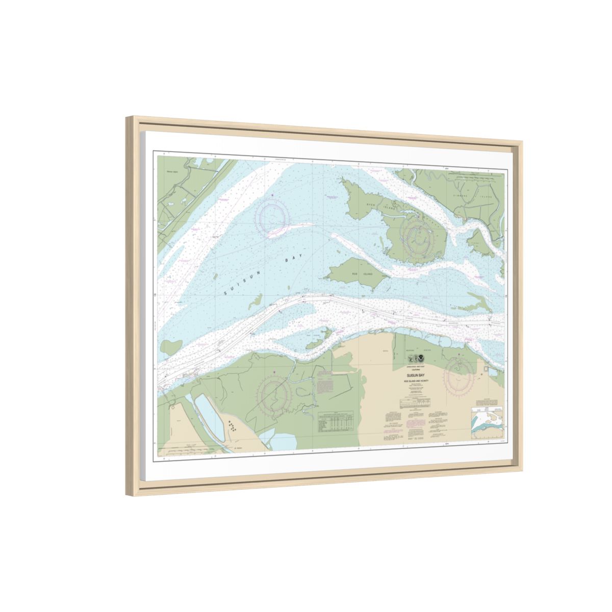 Chart 18658 SUISUN BAY-Roe Island and vicinity - NOAA Nautical Chart Floating Frame Canvas | 32" x 24" | 40" x 30" - Natural side