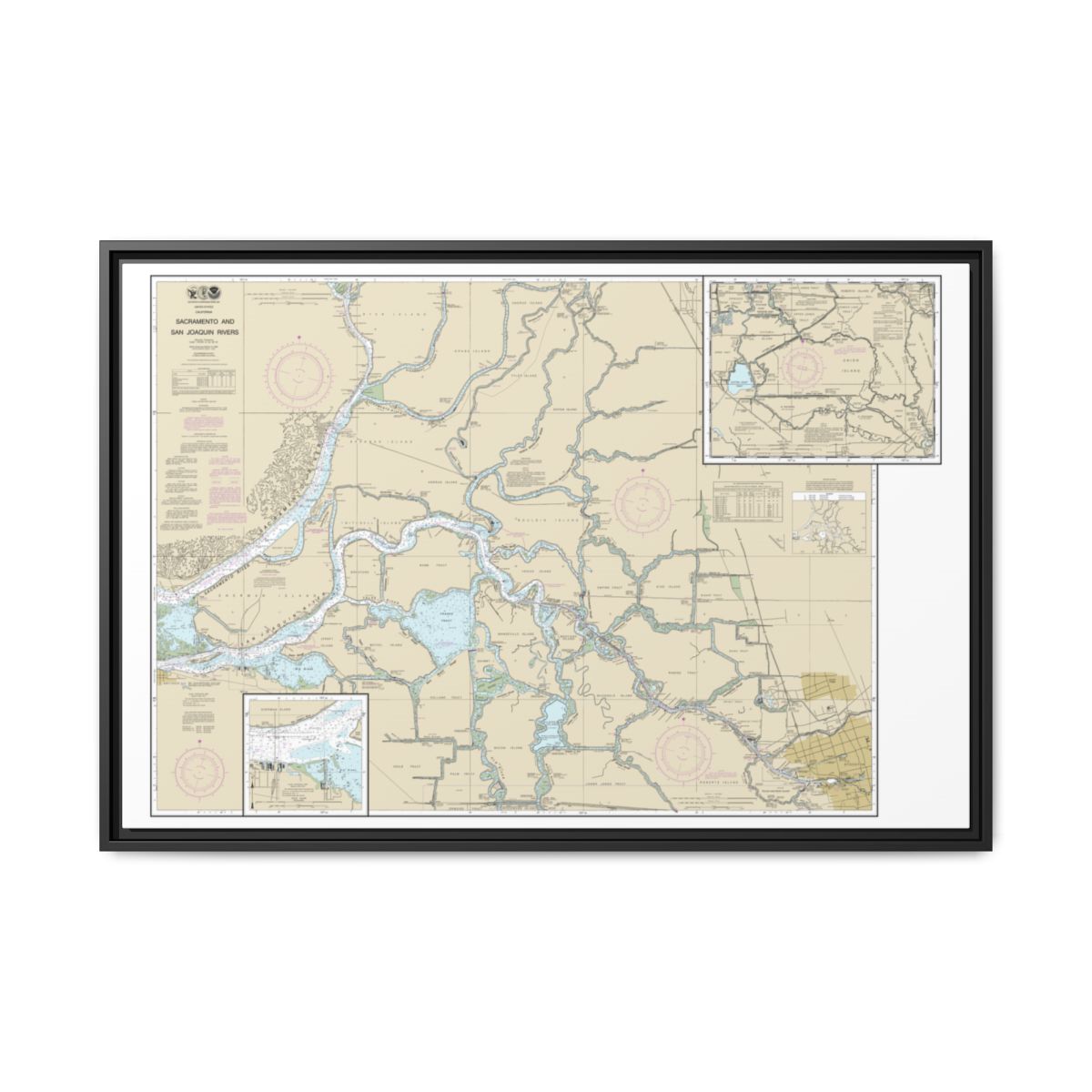 Chart 18661 Sacramento and San Joaquin Rivers Old River, Middle River and San Joaquin River extension;Sherman Island - NOAA Nautical Chart Floating Frame Canvas | 30" x 20" | 36" x 24" | 48" x 32" - Black front