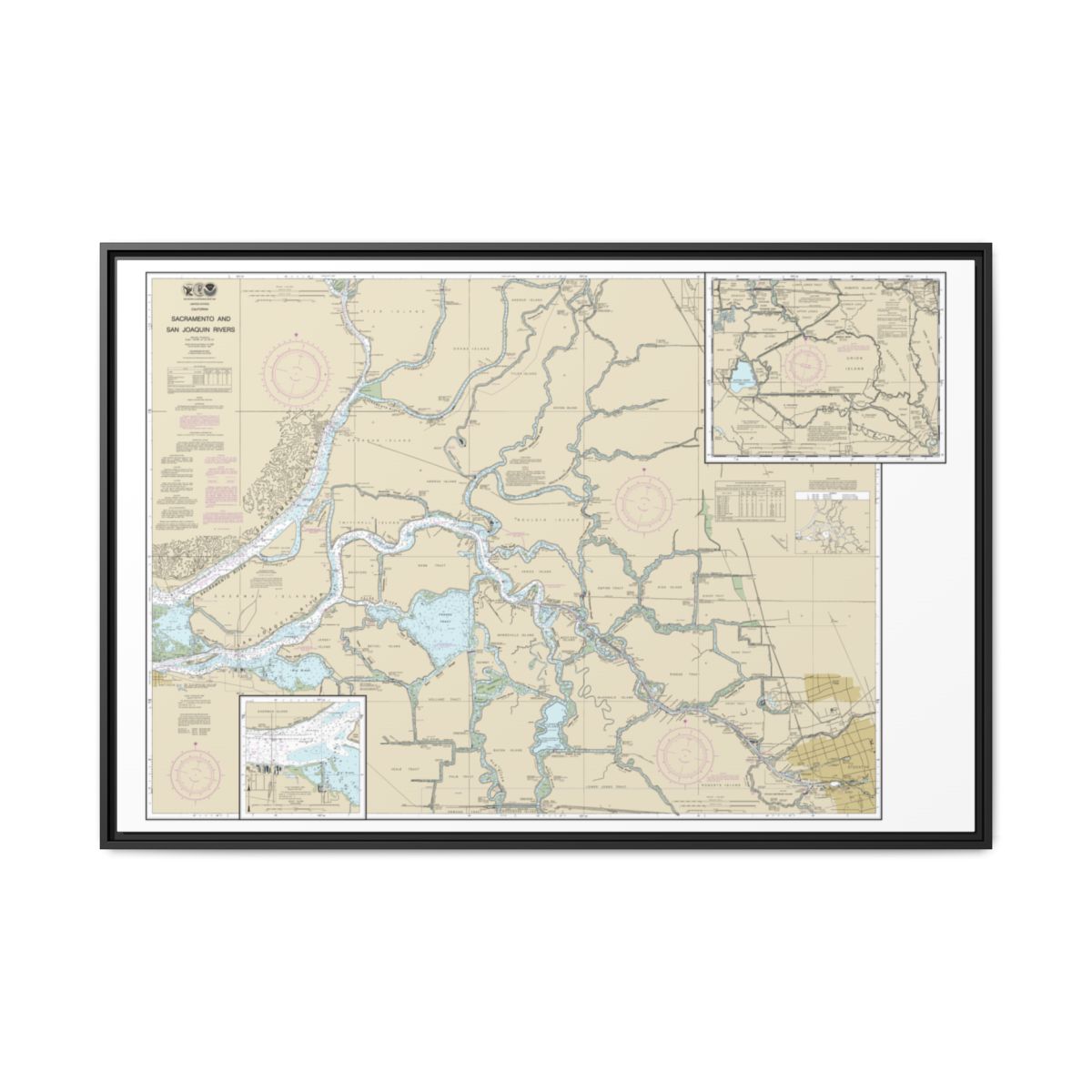 Chart 18661 Sacramento and San Joaquin Rivers Old River, Middle River and San Joaquin River extension;Sherman Island - NOAA Nautical Chart Floating Frame Canvas | 30" x 20" | 36" x 24" | 48" x 32" - Black front