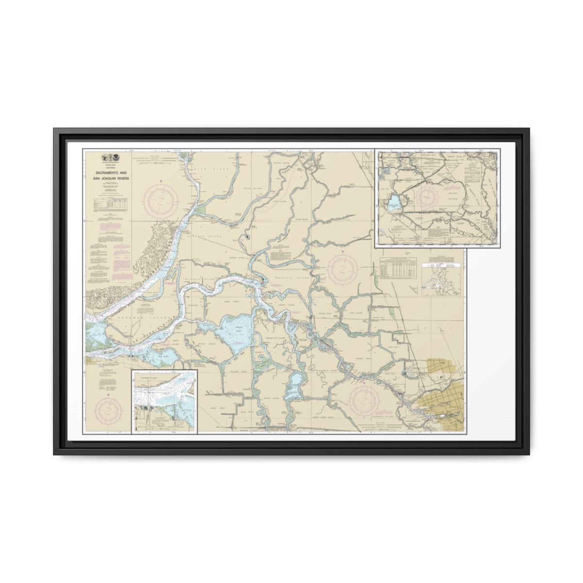 Chart 18661 Sacramento and San Joaquin Rivers Old River, Middle River and San Joaquin River extension;Sherman Island - NOAA Nautical Chart Floating Frame Canvas | 30" x 20" | 36" x 24" | 48" x 32" - Black front