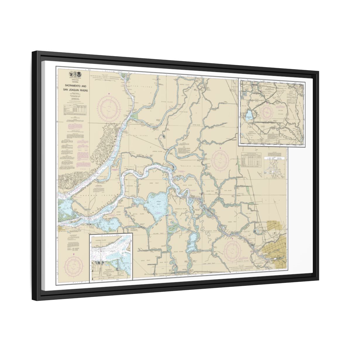 Chart 18661 Sacramento and San Joaquin Rivers Old River, Middle River and San Joaquin River extension;Sherman Island - NOAA Nautical Chart Floating Frame Canvas | 30" x 20" | 36" x 24" | 48" x 32" - Black side