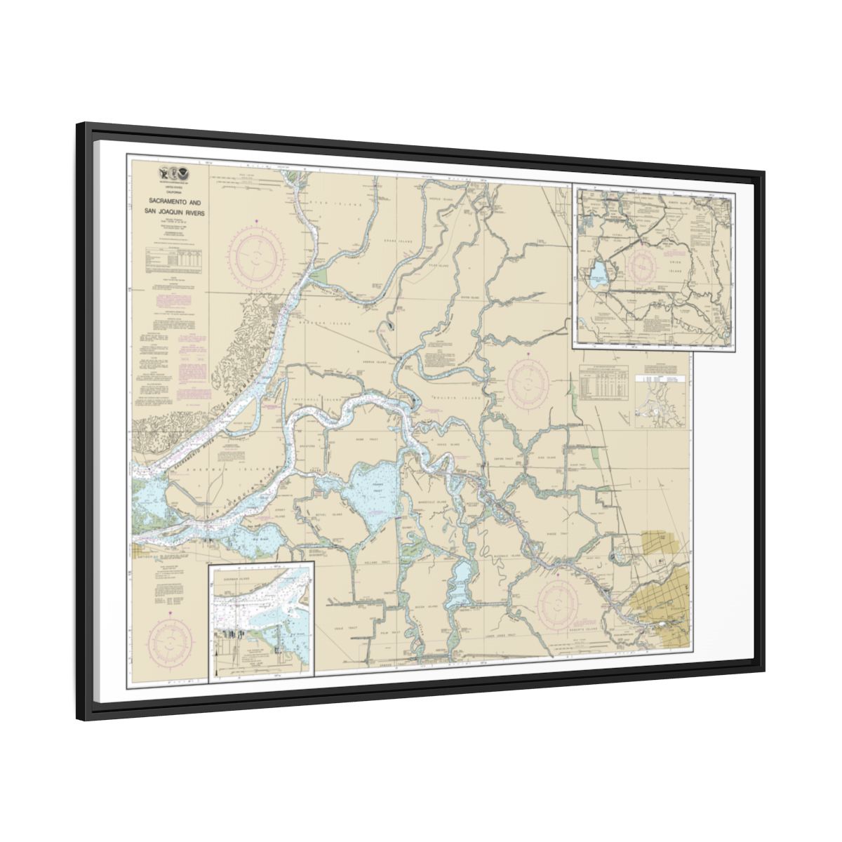 Chart 18661 Sacramento and San Joaquin Rivers Old River, Middle River and San Joaquin River extension;Sherman Island - NOAA Nautical Chart Floating Frame Canvas | 30" x 20" | 36" x 24" | 48" x 32" - Black side