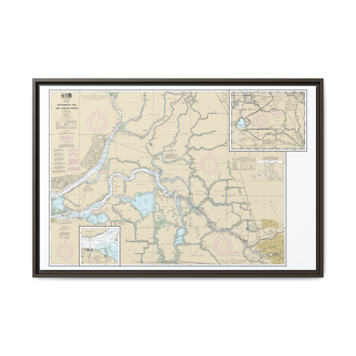 Chart 18661 Sacramento and San Joaquin Rivers Old River, Middle River and San Joaquin River extension;Sherman Island - NOAA Nautical Chart Floating Frame Canvas | 30" x 20" | 36" x 24" | 48" x 32" - Espresso front