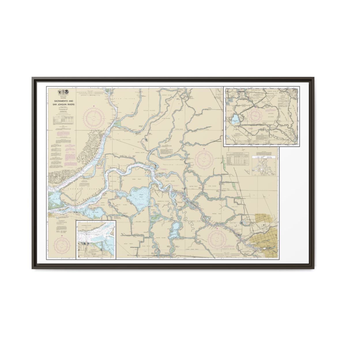 Chart 18661 Sacramento and San Joaquin Rivers Old River, Middle River and San Joaquin River extension;Sherman Island - NOAA Nautical Chart Floating Frame Canvas | 30" x 20" | 36" x 24" | 48" x 32" - Espresso front