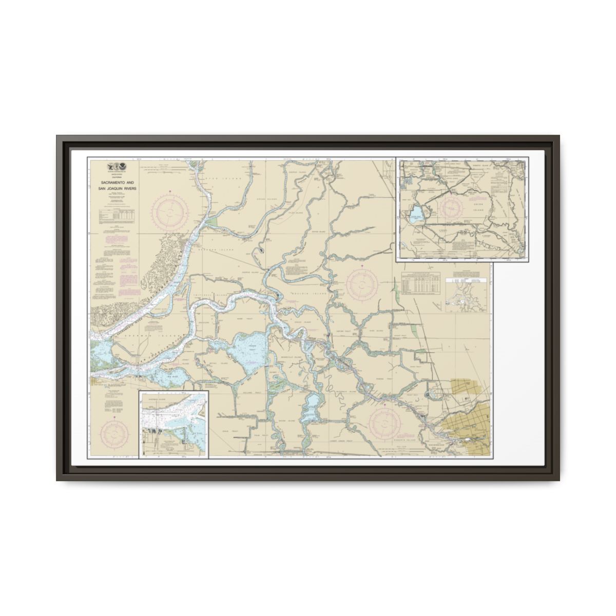Chart 18661 Sacramento and San Joaquin Rivers Old River, Middle River and San Joaquin River extension;Sherman Island - NOAA Nautical Chart Floating Frame Canvas | 30" x 20" | 36" x 24" | 48" x 32" - Espresso front