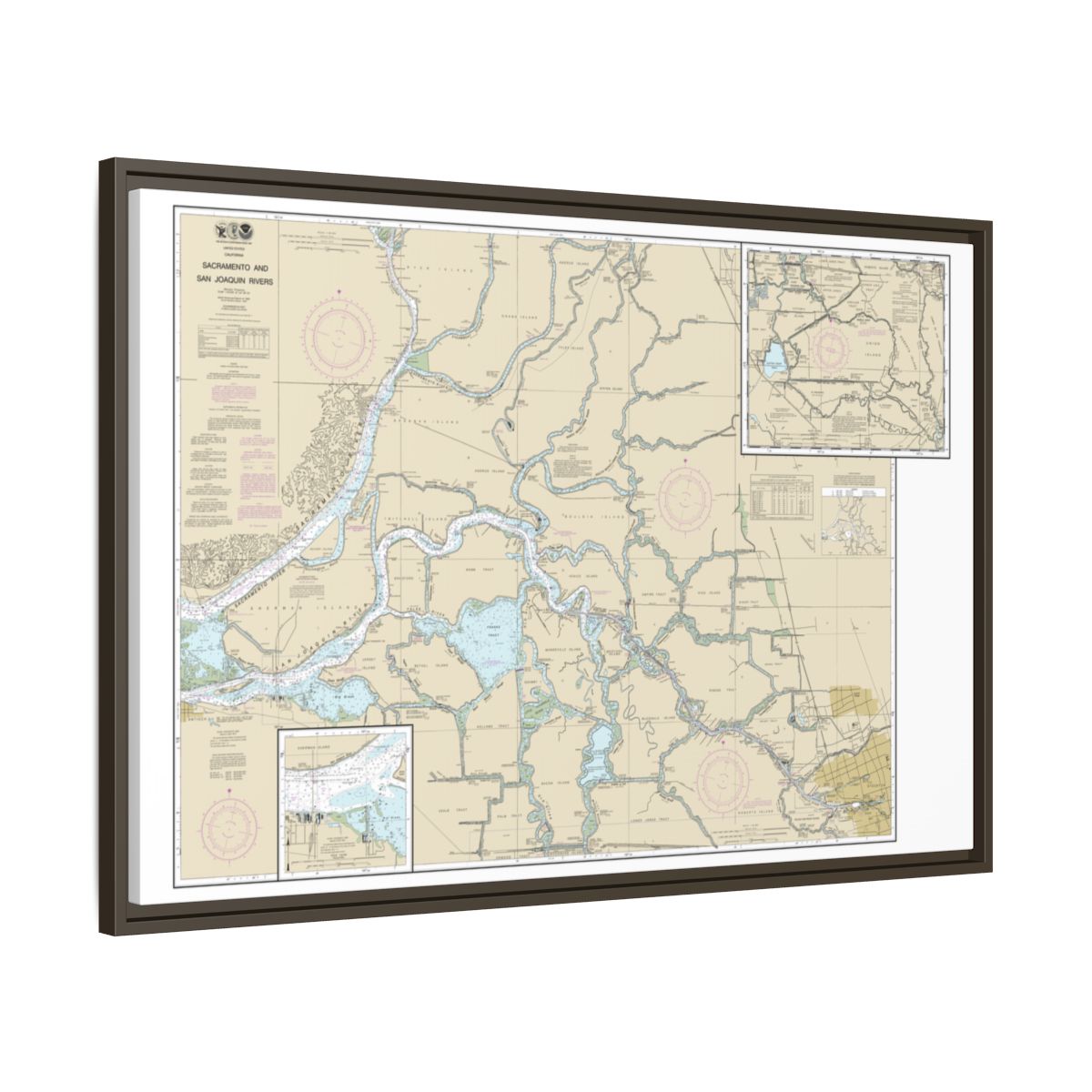 Chart 18661 Sacramento and San Joaquin Rivers Old River, Middle River and San Joaquin River extension;Sherman Island - NOAA Nautical Chart Floating Frame Canvas | 30" x 20" | 36" x 24" | 48" x 32" - Espresso side