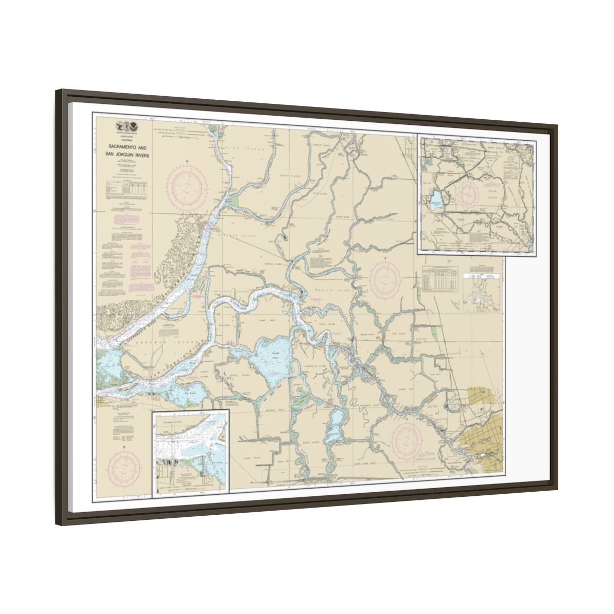 Chart 18661 Sacramento and San Joaquin Rivers Old River, Middle River and San Joaquin River extension;Sherman Island - NOAA Nautical Chart Floating Frame Canvas | 30" x 20" | 36" x 24" | 48" x 32" - Espresso side