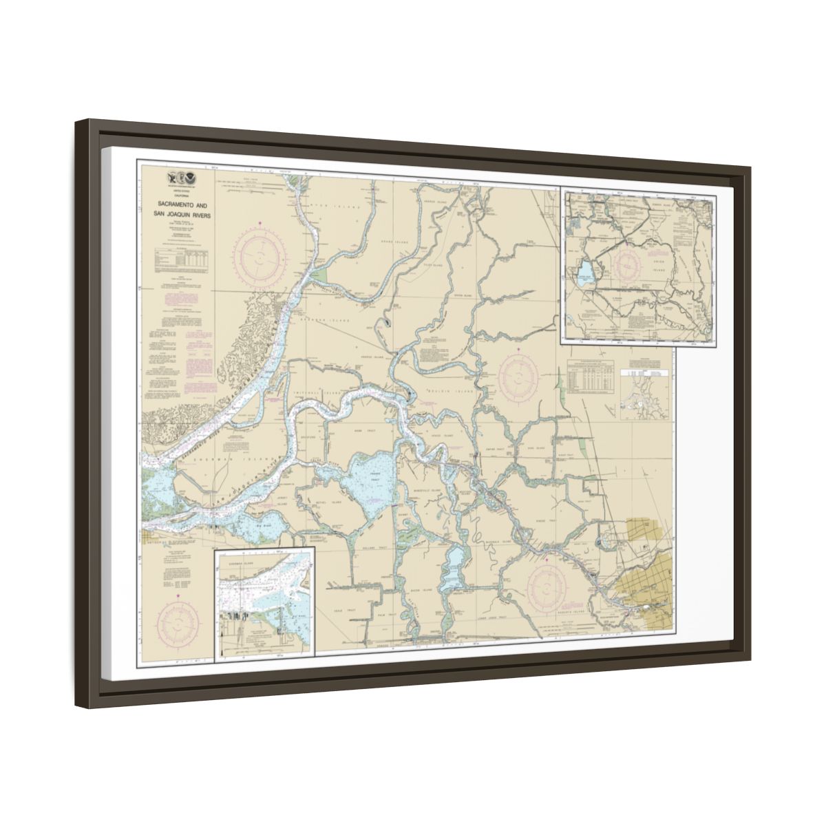 Chart 18661 Sacramento and San Joaquin Rivers Old River, Middle River and San Joaquin River extension;Sherman Island - NOAA Nautical Chart Floating Frame Canvas | 30" x 20" | 36" x 24" | 48" x 32" - Espresso side