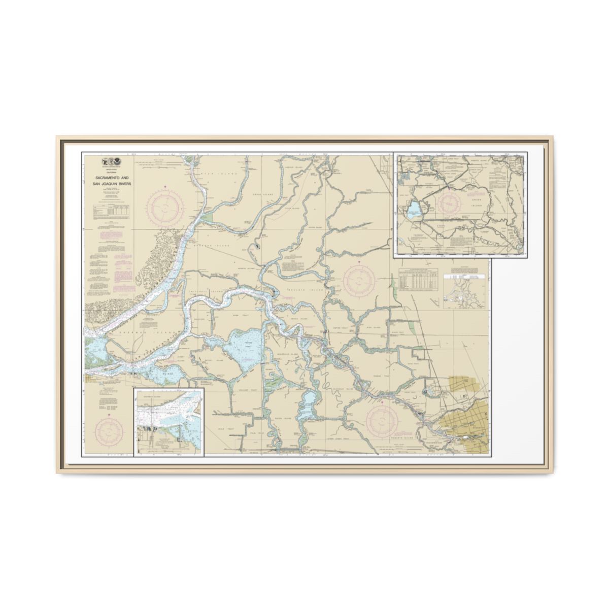 Chart 18661 Sacramento and San Joaquin Rivers Old River, Middle River and San Joaquin River extension;Sherman Island - NOAA Nautical Chart Floating Frame Canvas | 30" x 20" | 36" x 24" | 48" x 32" - Natural front