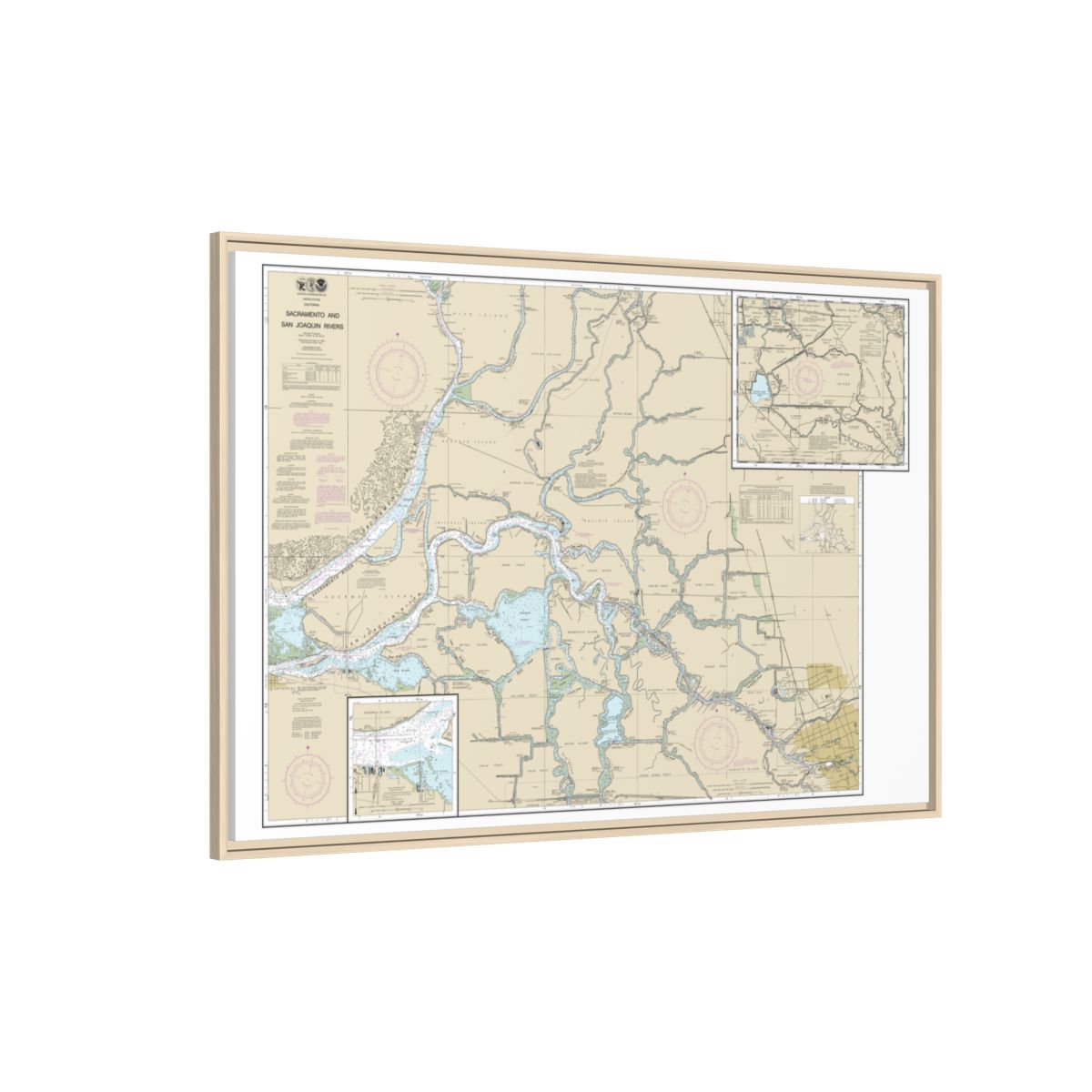 Chart 18661 Sacramento and San Joaquin Rivers Old River, Middle River and San Joaquin River extension;Sherman Island - NOAA Nautical Chart Floating Frame Canvas | 30" x 20" | 36" x 24" | 48" x 32" - Natural side