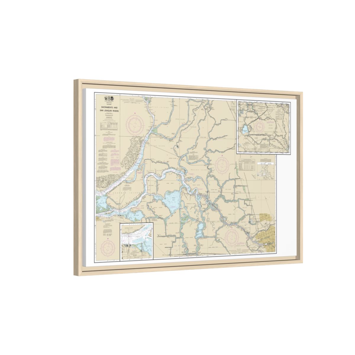 Chart 18661 Sacramento and San Joaquin Rivers Old River, Middle River and San Joaquin River extension;Sherman Island - NOAA Nautical Chart Floating Frame Canvas | 30" x 20" | 36" x 24" | 48" x 32" - Natural side