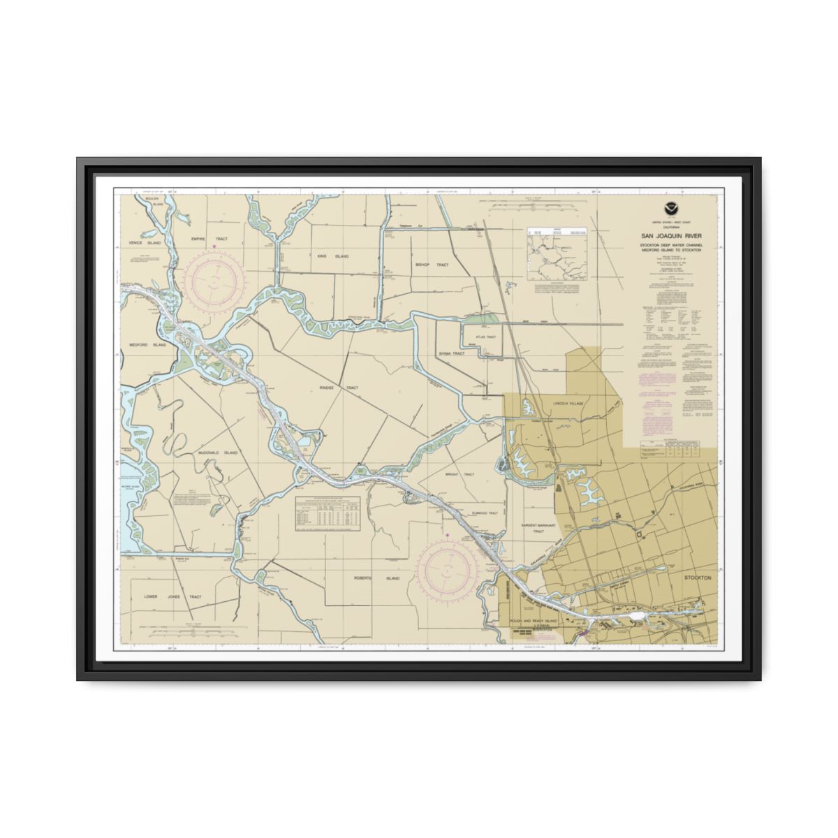 Chart 18663 San Joaquin River Stockton Deep Water Channel Medford Island to Stockton - NOAA Nautical Chart Floating Frame Canvas | 32" x 24" | 40" x 30" - Black front