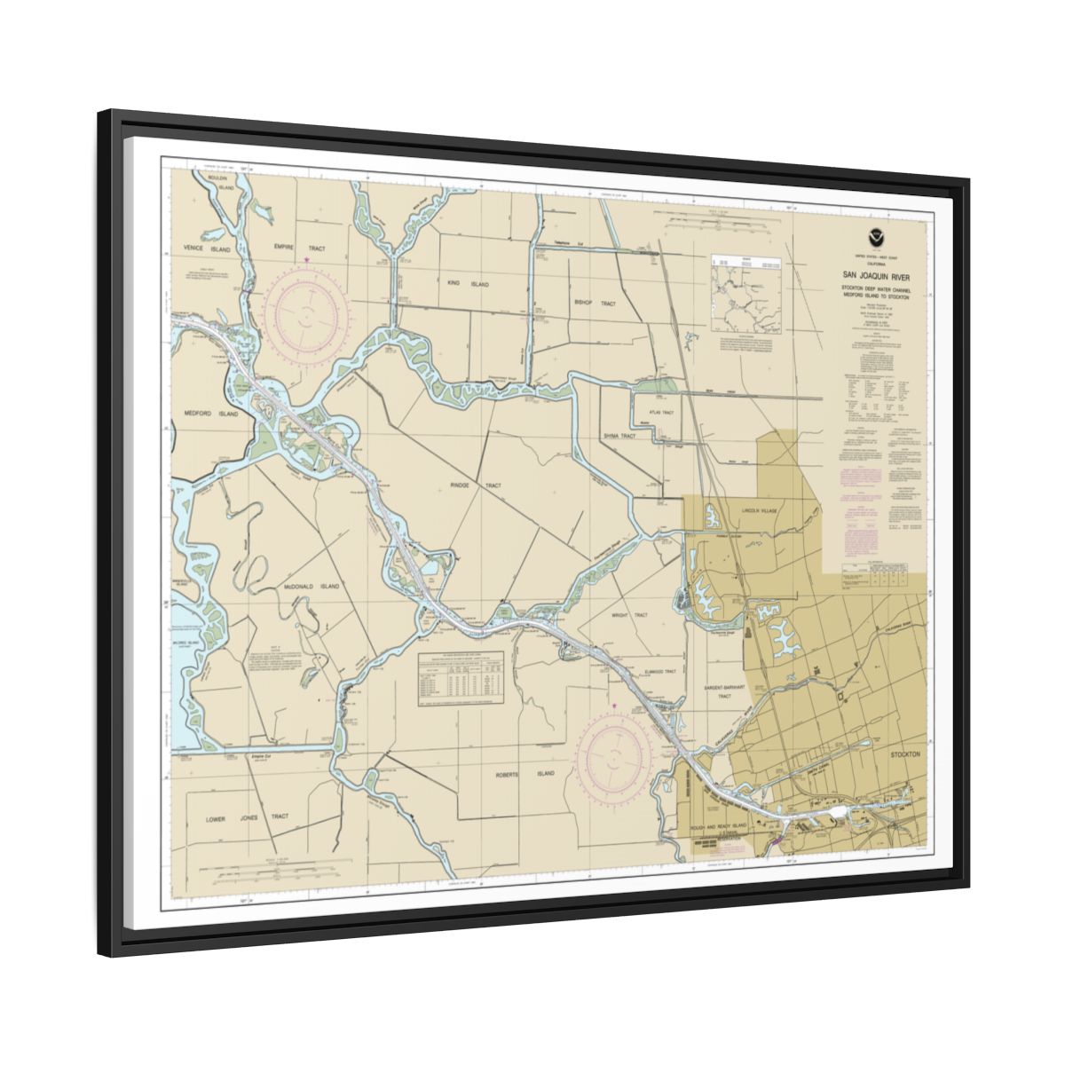 Chart 18663 San Joaquin River Stockton Deep Water Channel Medford Island to Stockton - NOAA Nautical Chart Floating Frame Canvas | 32" x 24" | 40" x 30" - Black side