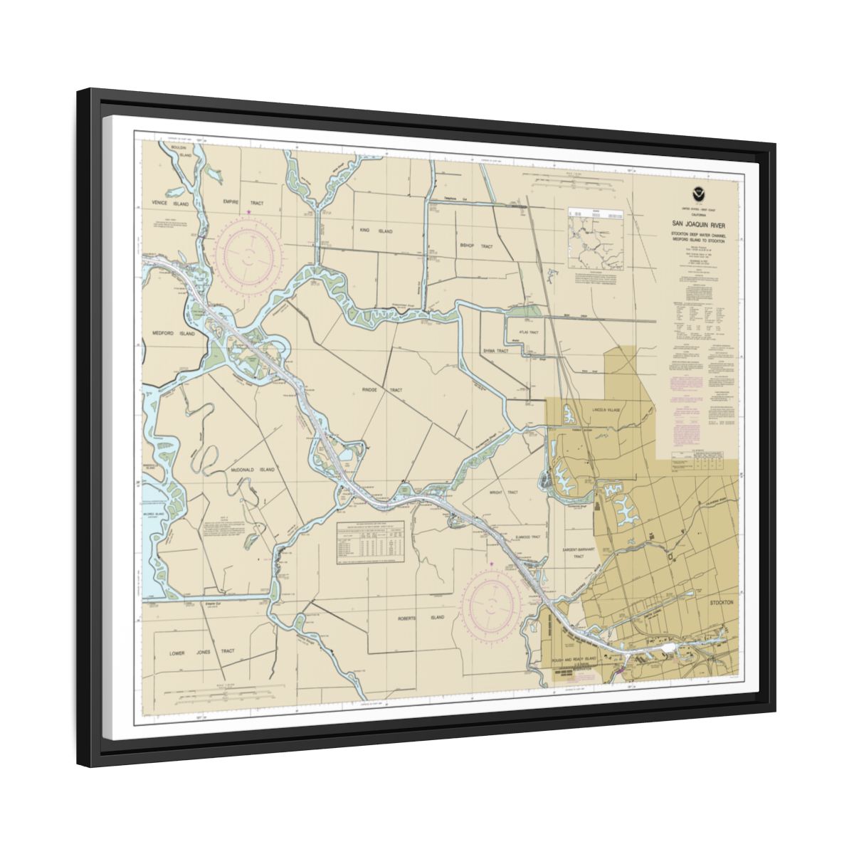 Chart 18663 San Joaquin River Stockton Deep Water Channel Medford Island to Stockton - NOAA Nautical Chart Floating Frame Canvas | 32" x 24" | 40" x 30" - Black side