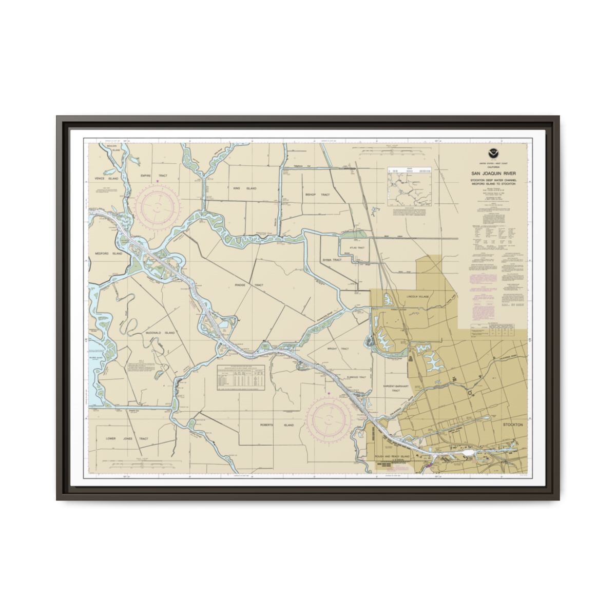 Chart 18663 San Joaquin River Stockton Deep Water Channel Medford Island to Stockton - NOAA Nautical Chart Floating Frame Canvas | 32" x 24" | 40" x 30" - Espresso front