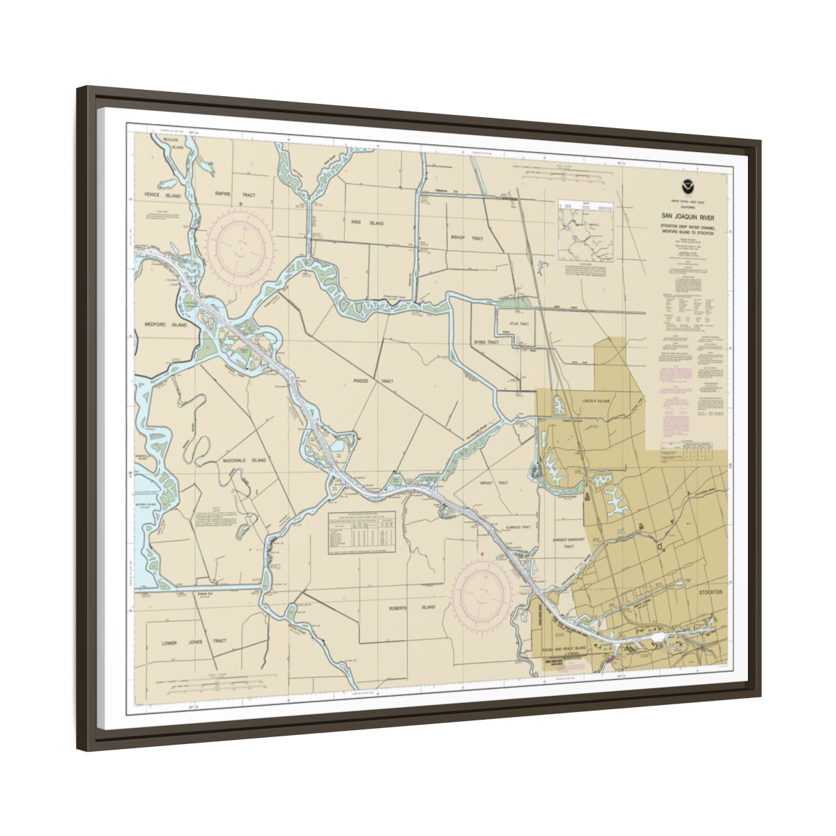 Chart 18663 San Joaquin River Stockton Deep Water Channel Medford Island to Stockton - NOAA Nautical Chart Floating Frame Canvas | 32" x 24" | 40" x 30" - Espresso side