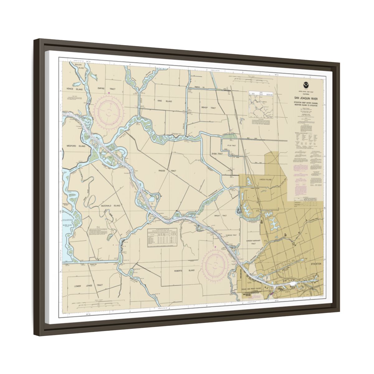 Chart 18663 San Joaquin River Stockton Deep Water Channel Medford Island to Stockton - NOAA Nautical Chart Floating Frame Canvas | 32" x 24" | 40" x 30" - Espresso side