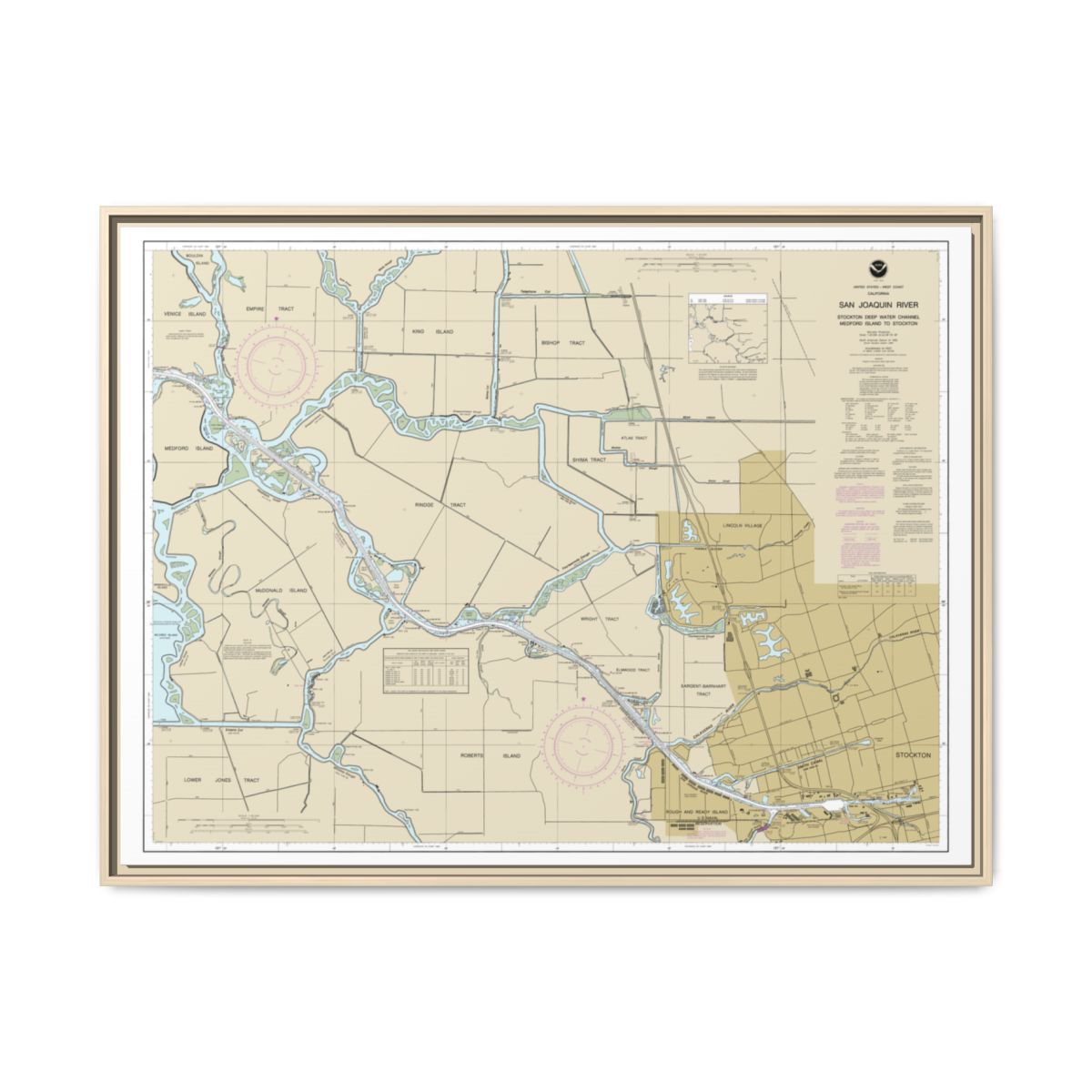 Chart 18663 San Joaquin River Stockton Deep Water Channel Medford Island to Stockton - NOAA Nautical Chart Floating Frame Canvas | 32" x 24" | 40" x 30" - Natural front