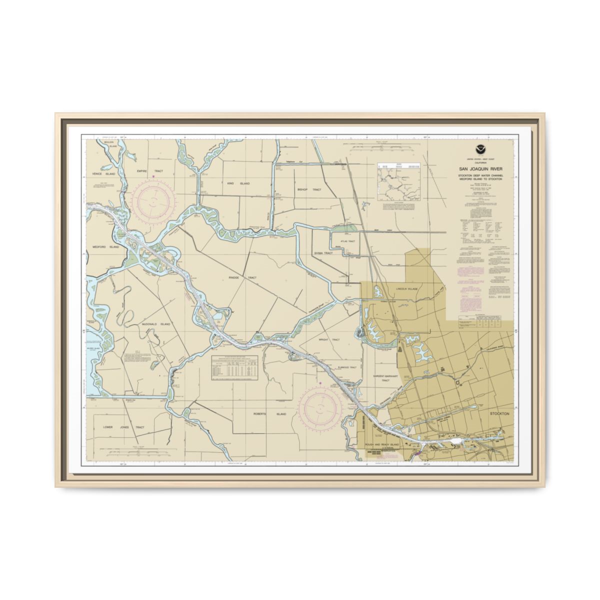 Chart 18663 San Joaquin River Stockton Deep Water Channel Medford Island to Stockton - NOAA Nautical Chart Floating Frame Canvas | 32" x 24" | 40" x 30" - Natural front
