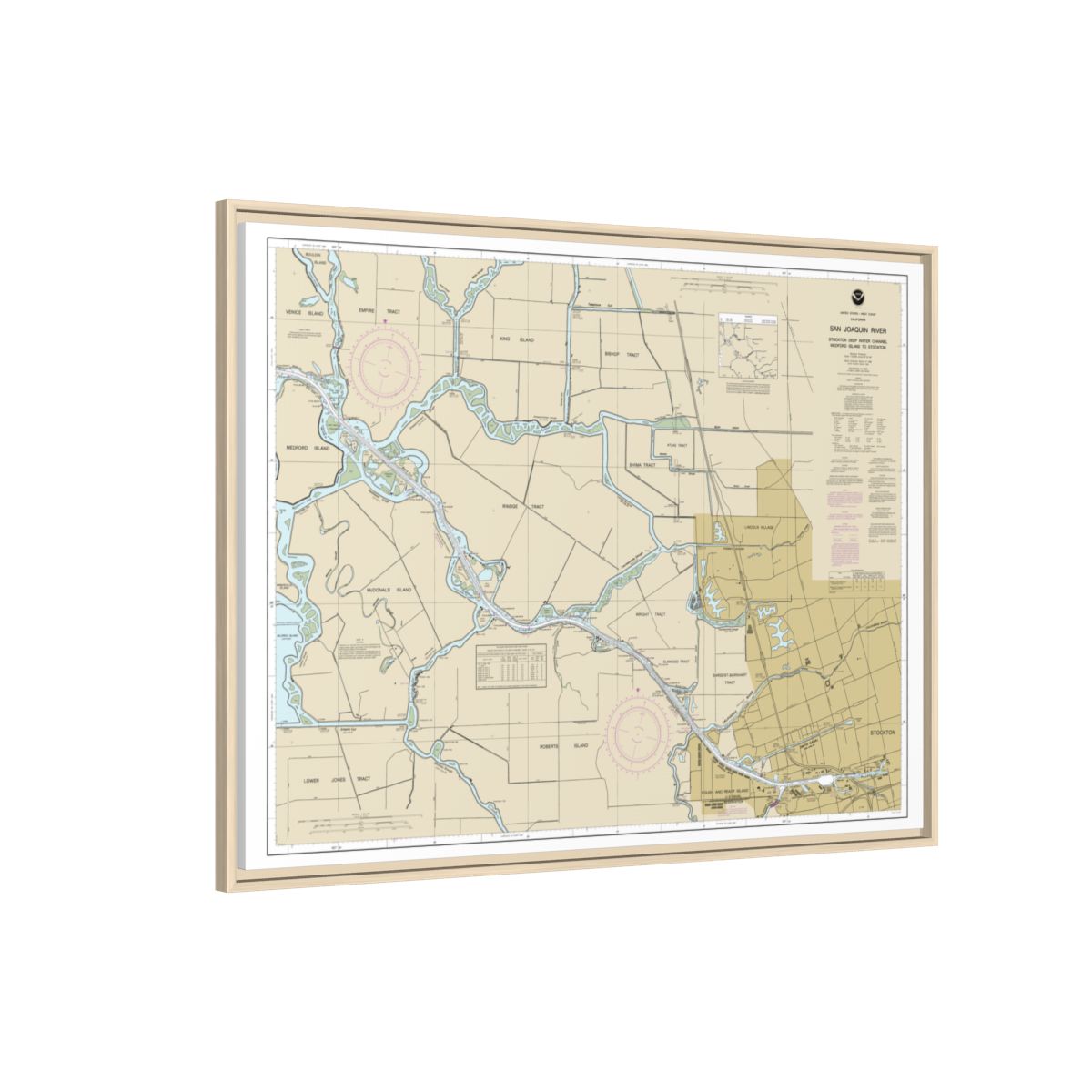 Chart 18663 San Joaquin River Stockton Deep Water Channel Medford Island to Stockton - NOAA Nautical Chart Floating Frame Canvas | 32" x 24" | 40" x 30" - Natural side