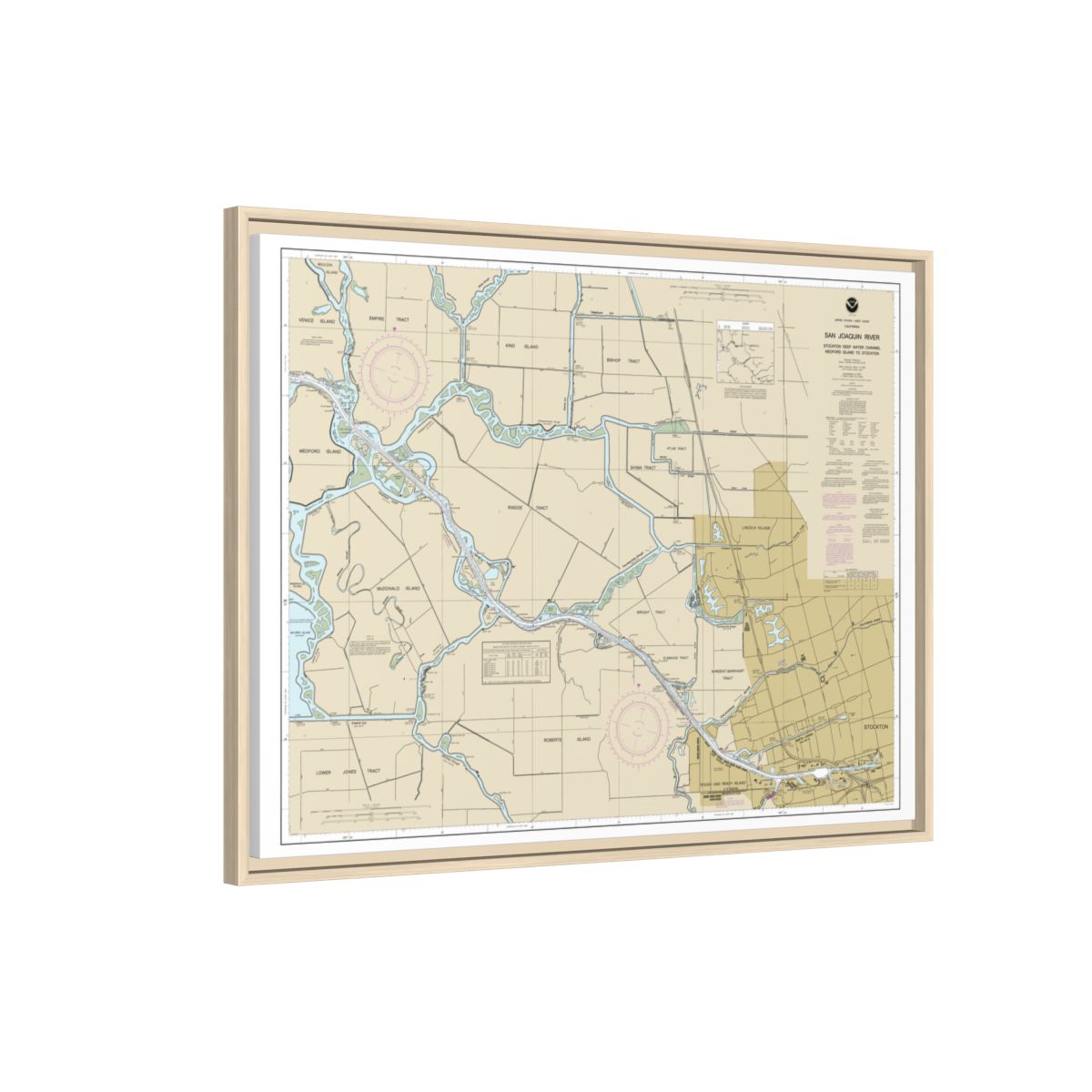 Chart 18663 San Joaquin River Stockton Deep Water Channel Medford Island to Stockton - NOAA Nautical Chart Floating Frame Canvas | 32" x 24" | 40" x 30" - Natural side