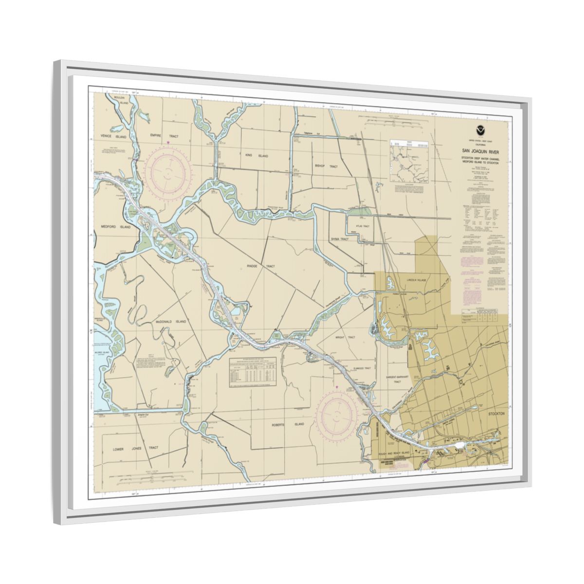 Chart 18663 San Joaquin River Stockton Deep Water Channel Medford Island to Stockton - NOAA Nautical Chart Floating Frame Canvas | 32" x 24" | 40" x 30" - White side