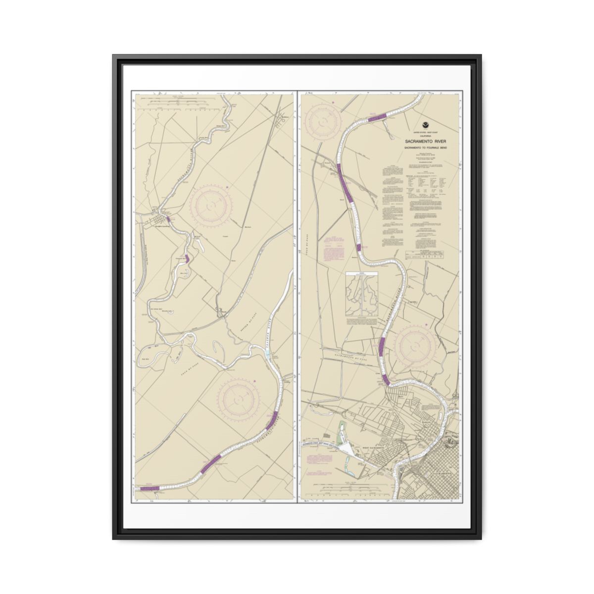 Chart 18664 Sacramento River Sacramento to Fourmile Bend - NOAA Nautical Chart Floating Frame Canvas | 24" x 32" | 30" x 40" - Black front