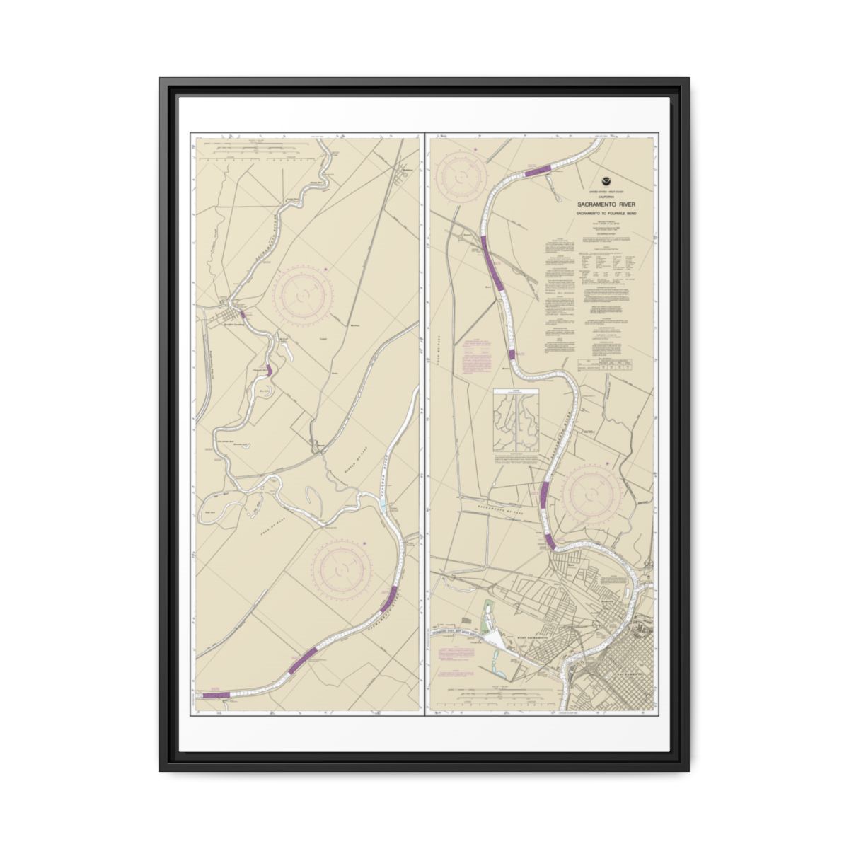 Chart 18664 Sacramento River Sacramento to Fourmile Bend - NOAA Nautical Chart Floating Frame Canvas | 24" x 32" | 30" x 40" - Black front