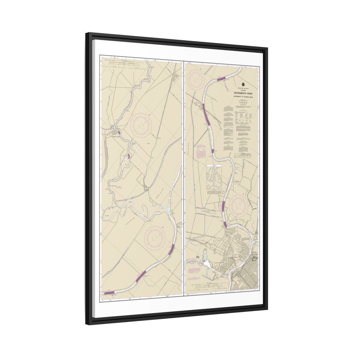 Chart 18664 Sacramento River Sacramento to Fourmile Bend - NOAA Nautical Chart Floating Frame Canvas | 24" x 32" | 30" x 40" - Black side
