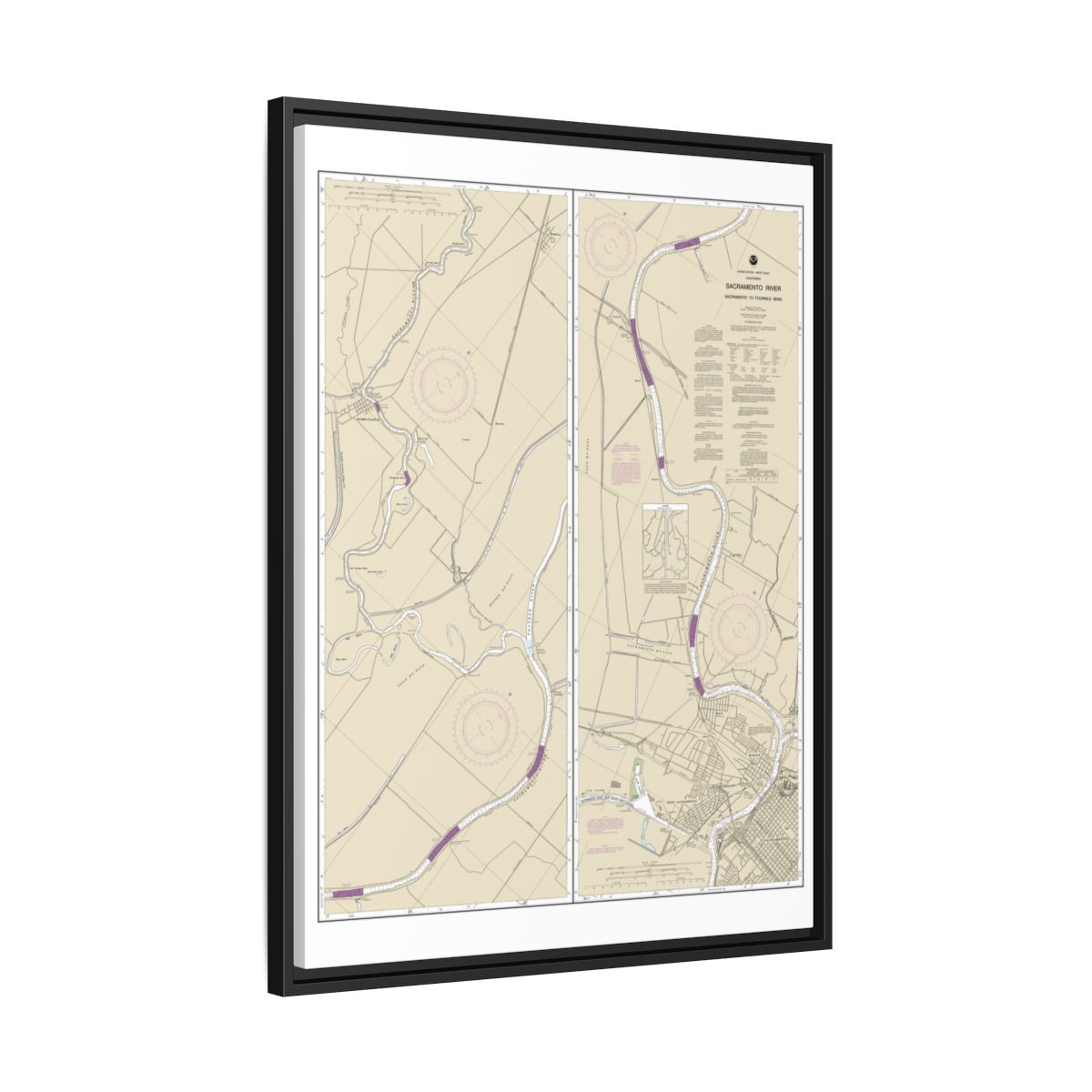Chart 18664 Sacramento River Sacramento to Fourmile Bend - NOAA Nautical Chart Floating Frame Canvas | 24" x 32" | 30" x 40" - Black side