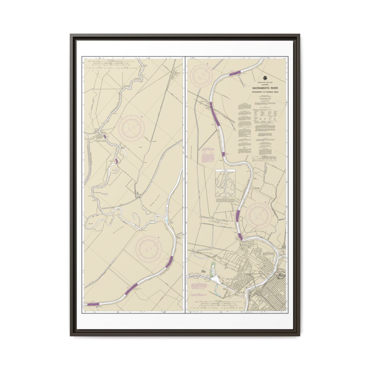 Chart 18664 Sacramento River Sacramento to Fourmile Bend - NOAA Nautical Chart Floating Frame Canvas | 24" x 32" | 30" x 40" - Espresso front