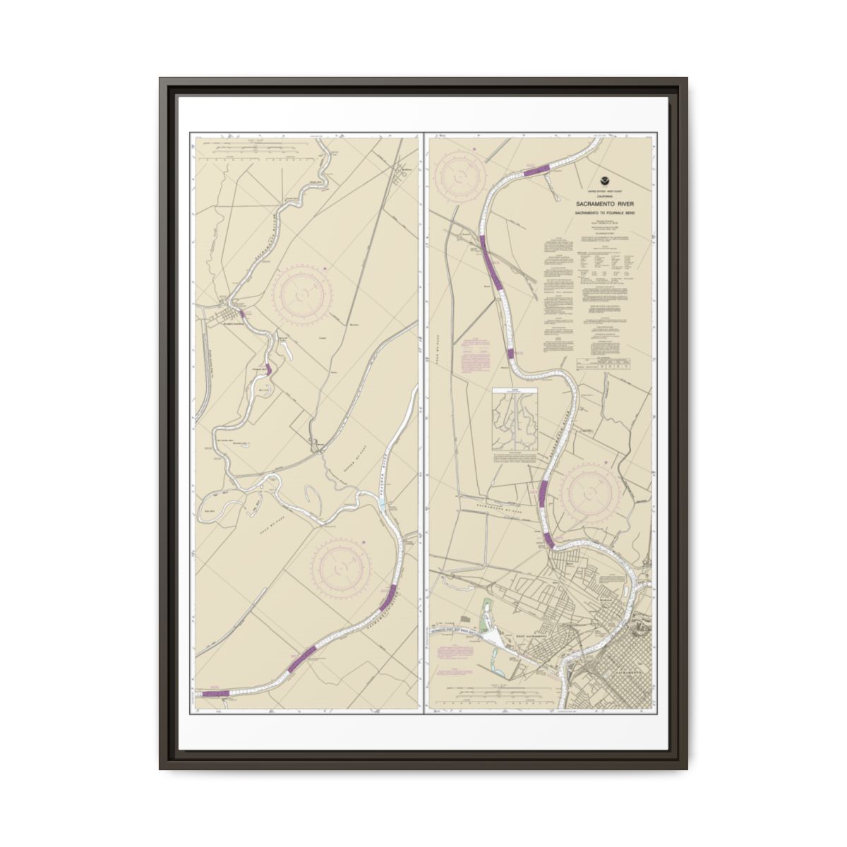 Chart 18664 Sacramento River Sacramento to Fourmile Bend - NOAA Nautical Chart Floating Frame Canvas | 24" x 32" | 30" x 40" - Espresso front