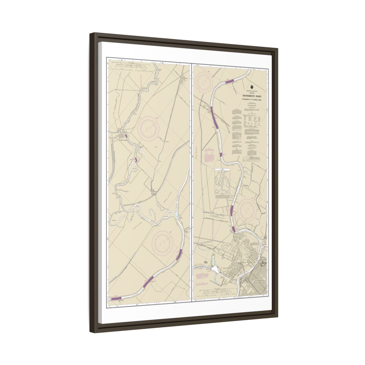 Chart 18664 Sacramento River Sacramento to Fourmile Bend - NOAA Nautical Chart Floating Frame Canvas | 24" x 32" | 30" x 40" - Espresso side