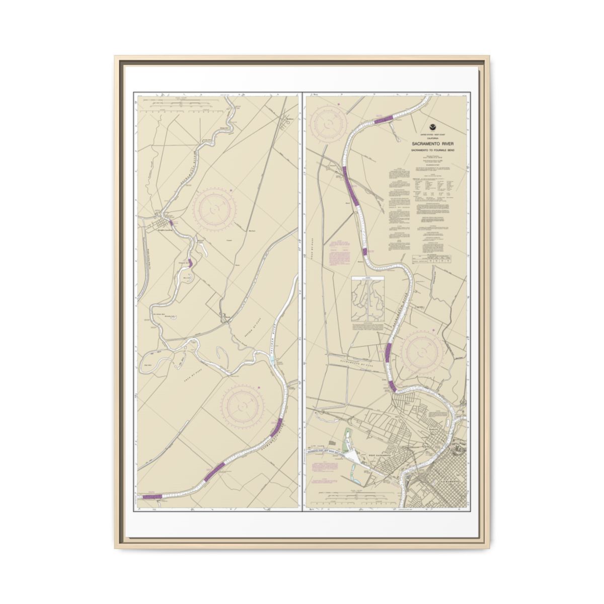 Chart 18664 Sacramento River Sacramento to Fourmile Bend - NOAA Nautical Chart Floating Frame Canvas | 24" x 32" | 30" x 40" - Natural front