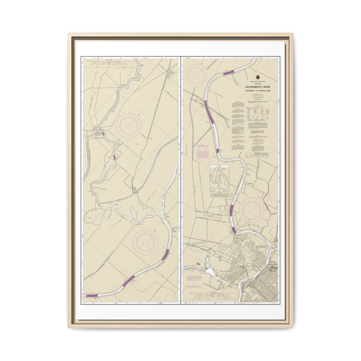 Chart 18664 Sacramento River Sacramento to Fourmile Bend - NOAA Nautical Chart Floating Frame Canvas | 24" x 32" | 30" x 40" - Natural front