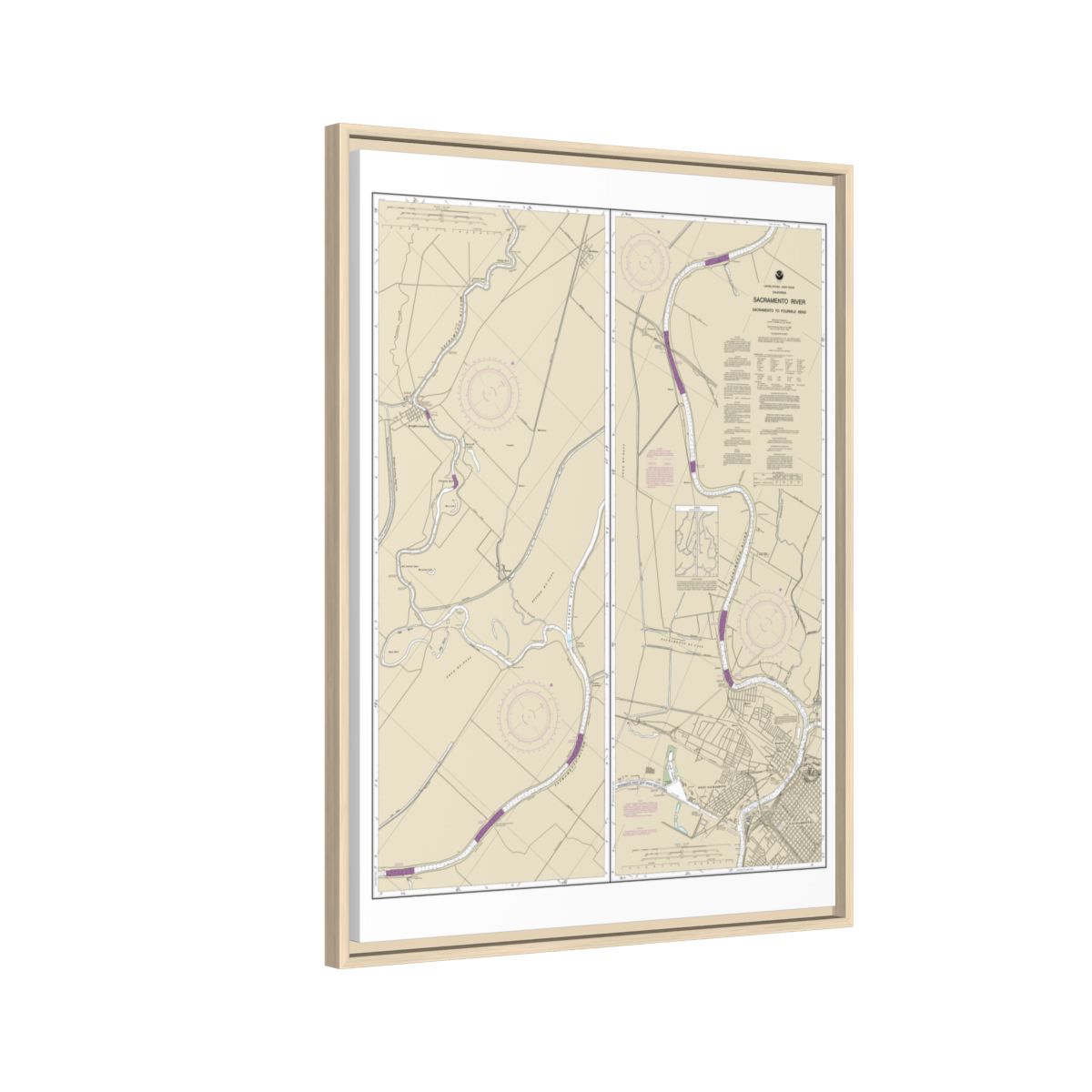 Chart 18664 Sacramento River Sacramento to Fourmile Bend - NOAA Nautical Chart Floating Frame Canvas | 24" x 32" | 30" x 40" - Natural side