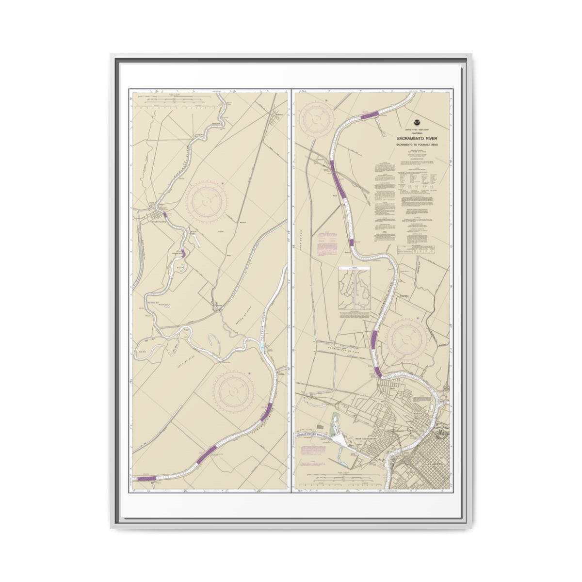 Chart 18664 Sacramento River Sacramento to Fourmile Bend - NOAA Nautical Chart Floating Frame Canvas | 24" x 32" | 30" x 40" - White front