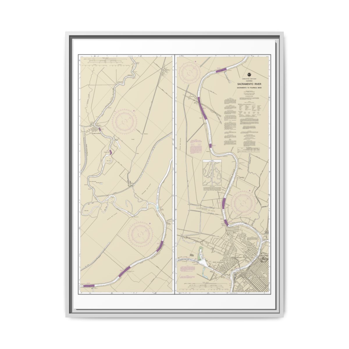 Chart 18664 Sacramento River Sacramento to Fourmile Bend - NOAA Nautical Chart Floating Frame Canvas | 24" x 32" | 30" x 40" - White front