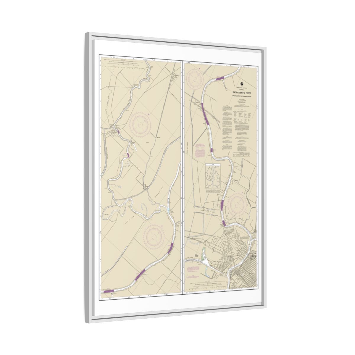 Chart 18664 Sacramento River Sacramento to Fourmile Bend - NOAA Nautical Chart Floating Frame Canvas | 24" x 32" | 30" x 40" - White side