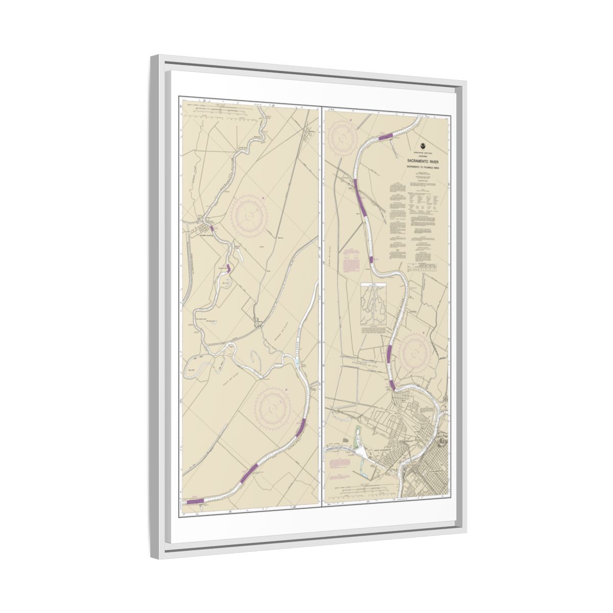 Chart 18664 Sacramento River Sacramento to Fourmile Bend - NOAA Nautical Chart Floating Frame Canvas | 24" x 32" | 30" x 40" - White side