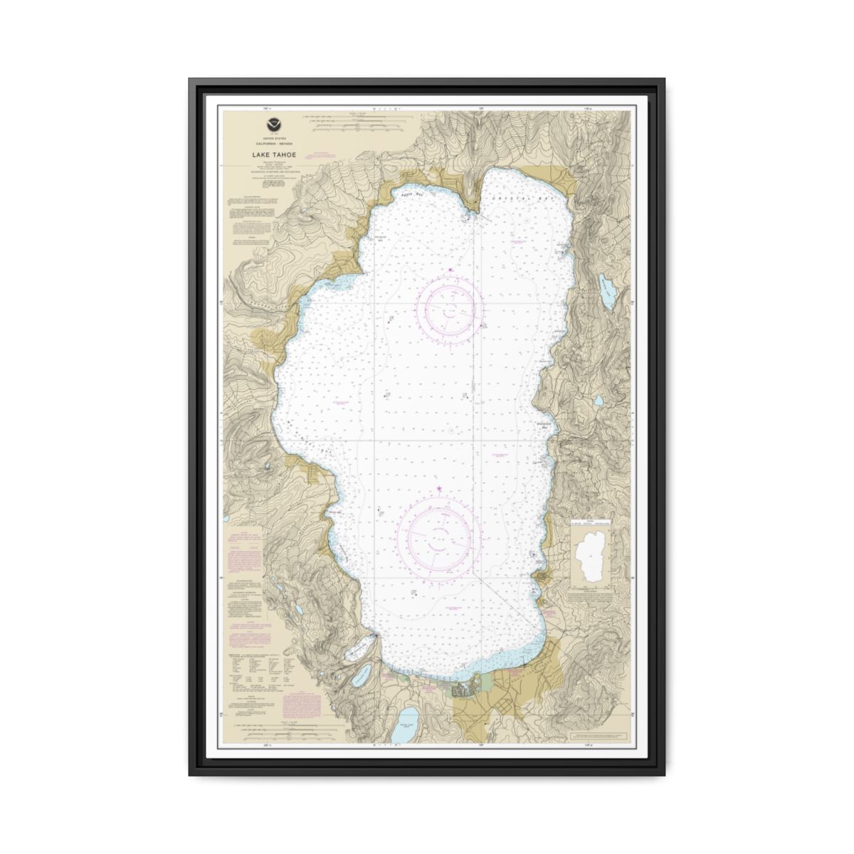 Chart 18665 Lake Tahoe - NOAA Nautical Chart Floating Frame Canvas | 20" x 30" | 24" x 36" | 32" x 48" - Black front