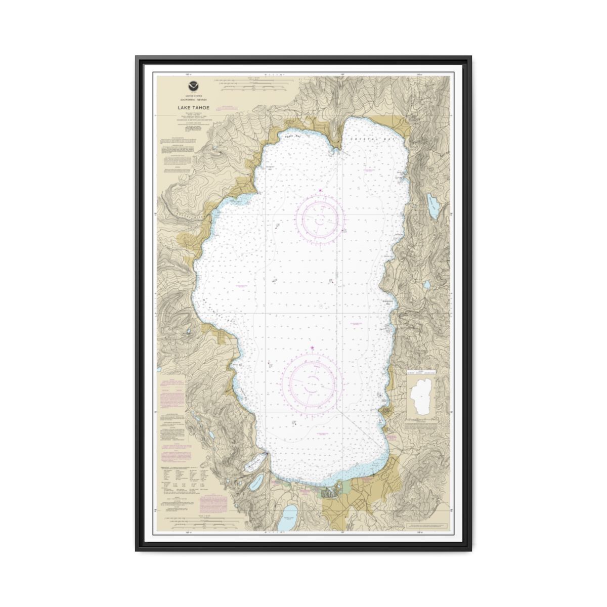 Chart 18665 Lake Tahoe - NOAA Nautical Chart Floating Frame Canvas | 20" x 30" | 24" x 36" | 32" x 48" - Black front
