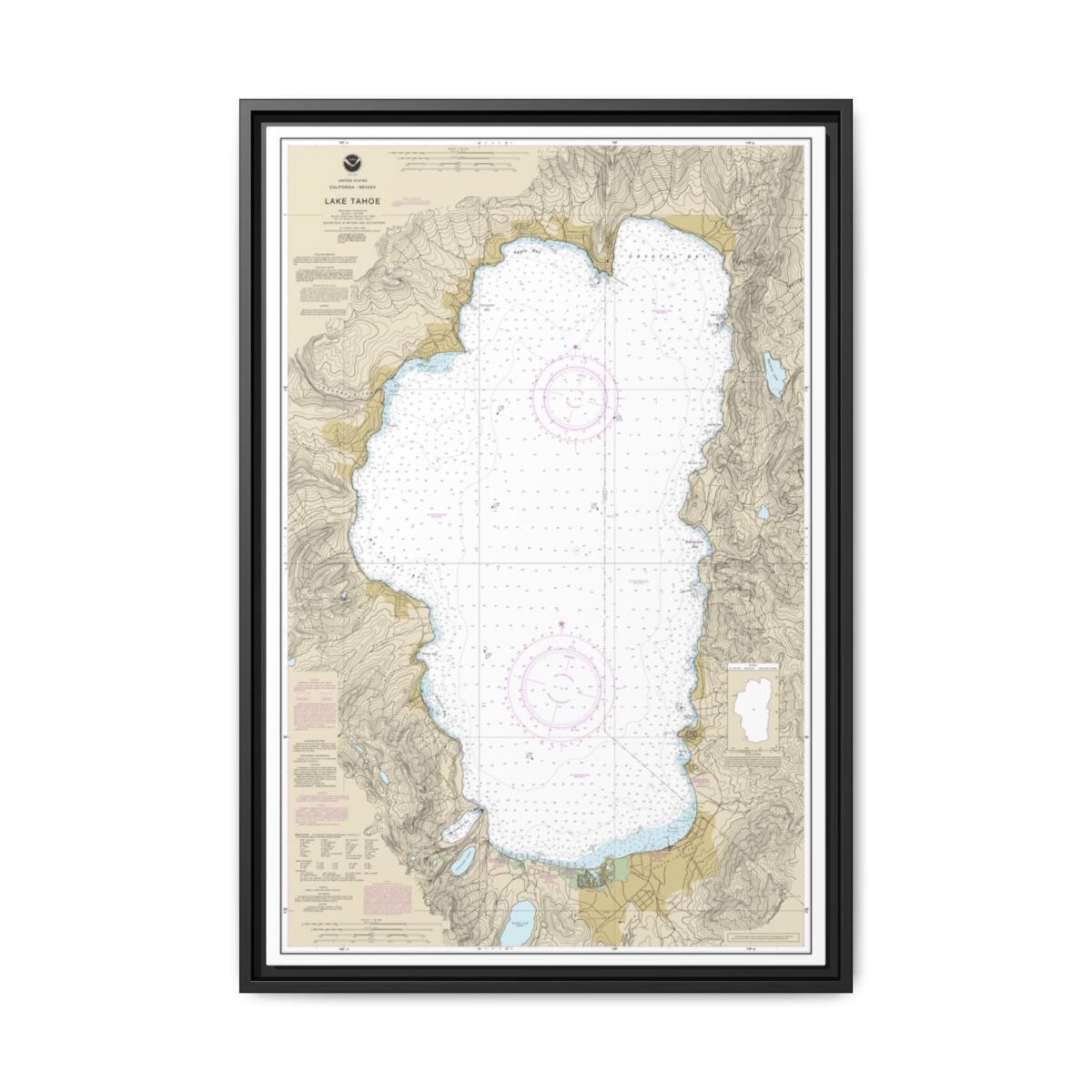 Chart 18665 Lake Tahoe - NOAA Nautical Chart Floating Frame Canvas | 20" x 30" | 24" x 36" | 32" x 48" - Black front