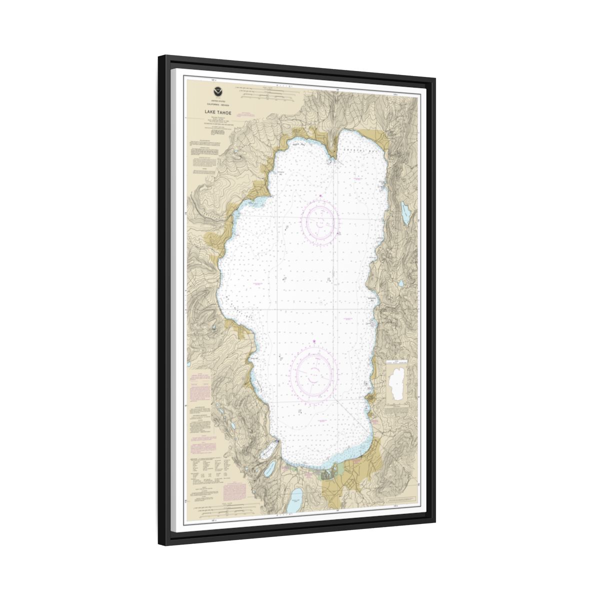 Chart 18665 Lake Tahoe - NOAA Nautical Chart Floating Frame Canvas | 20" x 30" | 24" x 36" | 32" x 48" - Black side