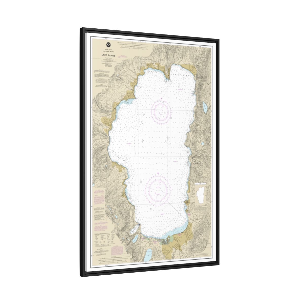 Chart 18665 Lake Tahoe - NOAA Nautical Chart Floating Frame Canvas | 20" x 30" | 24" x 36" | 32" x 48" - Black side