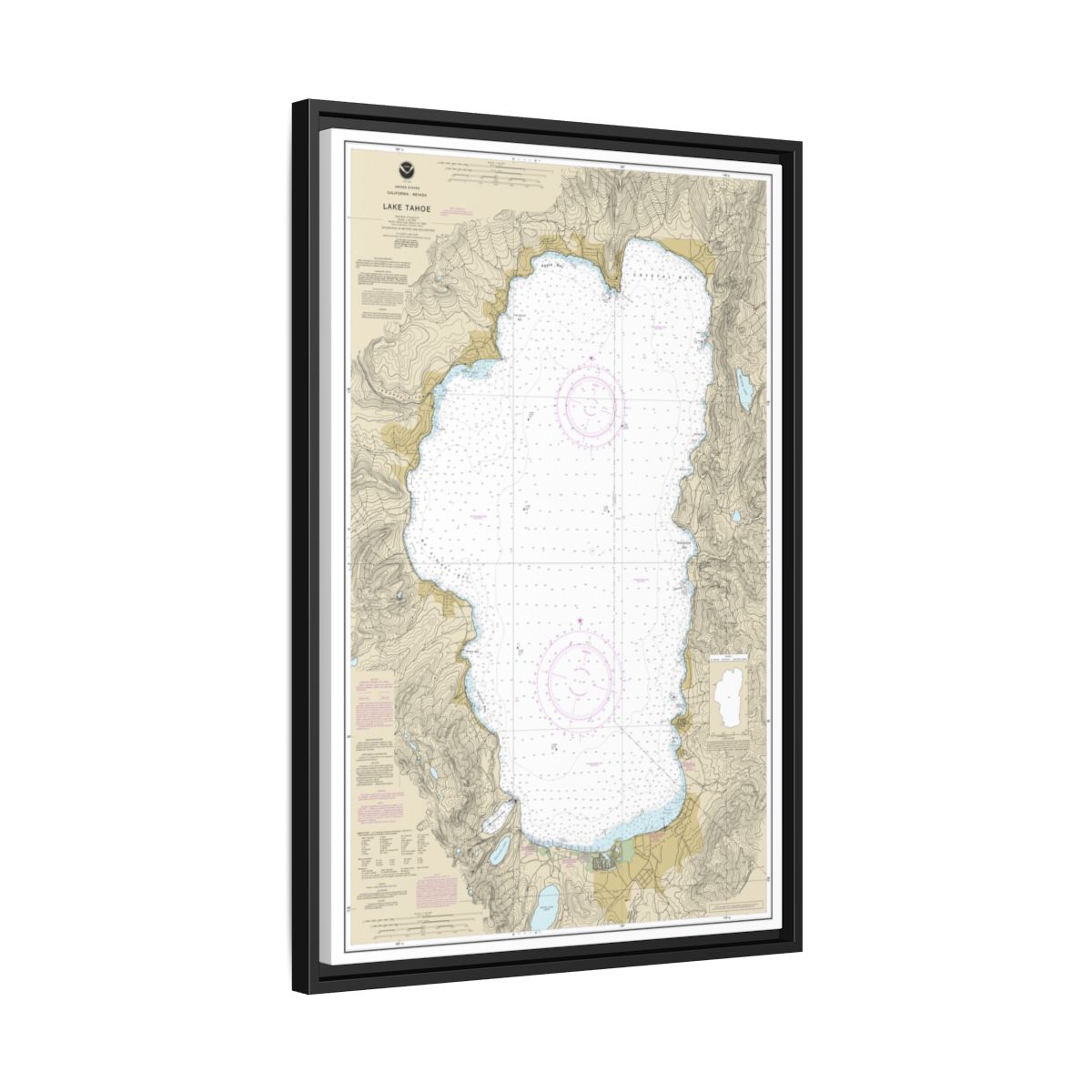 Chart 18665 Lake Tahoe - NOAA Nautical Chart Floating Frame Canvas | 20" x 30" | 24" x 36" | 32" x 48" - Black side