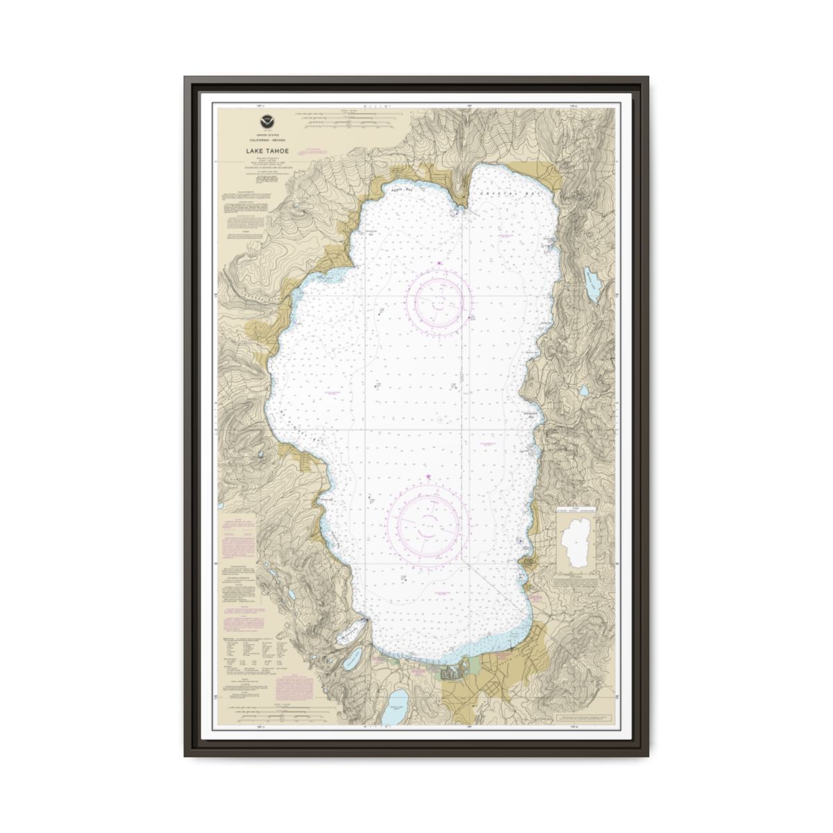 Chart 18665 Lake Tahoe - NOAA Nautical Chart Floating Frame Canvas | 20" x 30" | 24" x 36" | 32" x 48" - Espresso front